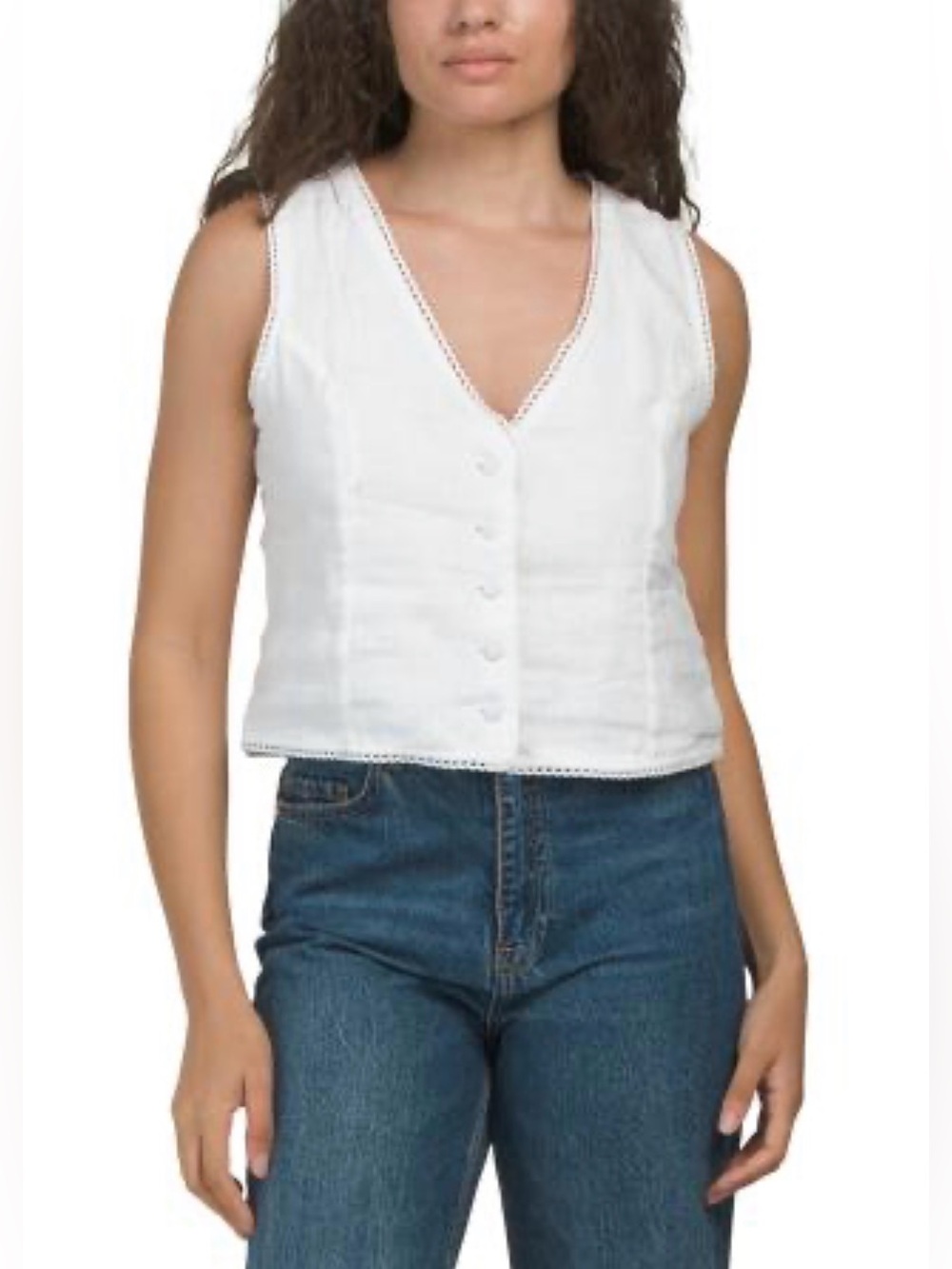 Laura Ashley 100% Linen White Vest, Cottage Chic Sleeveless top